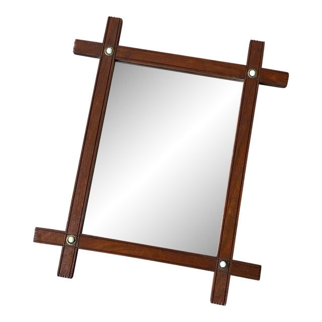 Antique Walnut Cross-Hatch Framed Mirror With Porcelain + Brass Cabochon Details, Circa Early 20th Century For Sale