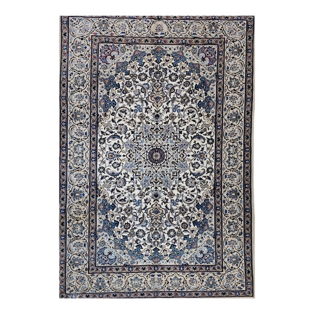 Vintage Persian Nain Room Size Rug, Handwoven Floral Pattern, Ivory & Blue, 7’ X 11’ For Sale