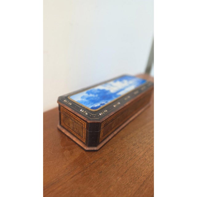 Antique Victorian Jewelry Box Blue Porcelain Landscape Inlay Mother of Pearl Marquetry Wood Trinket Casket For Sale - Image 6 of 14