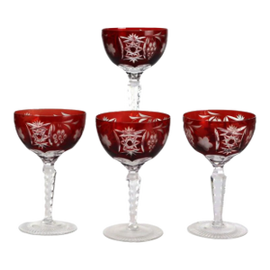 Antique Bohemian Cranberry Floral & Grape Cut to Clear Crystal Stemmed Goblets - Set of 4