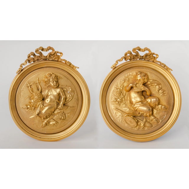 Pair of French Gilt Bronze Round Figural Wall Plaques, France, 19th Century For Sale - Image 11 of 11