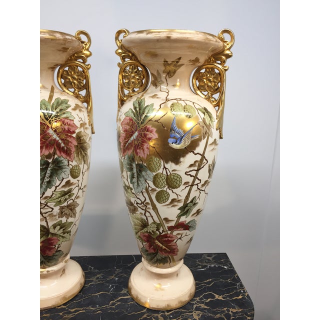 Pair of Large Apposing Royal Bonn Handled Vases in Floral and Bird Motif For Sale In Philadelphia - Image 6 of 18