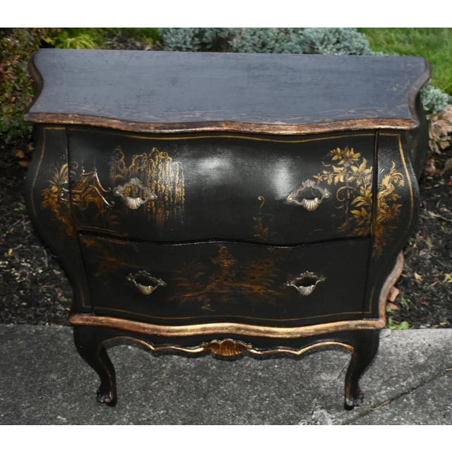 Chinoiserie Antique Petite Bombe 2 Drawer Italian Chinoiserie Black Gold Commode For Sale - Image 3 of 13
