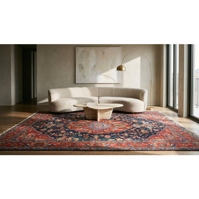1930s Blue Navy Floral-Medallion Antique Persian Bakhtiari Rug Hand Knotted 7'0" X 11'6 Wool Carpet For Sale - Image 10 of 10