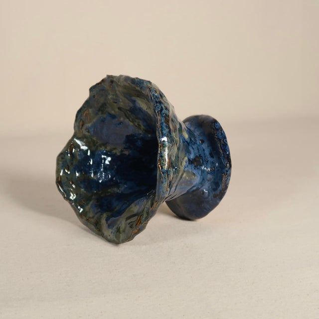 Handmade Studio Pottery Organic Sculptural Ceramic Vessel in Blue & Green Drip Glaze, Abstract Artisan Pedestal Form For Sale - Image 9 of 13