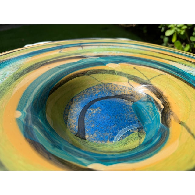 Vintage Handcrafted Art Glass Charger Bowl in Blue, Teal & Amber Swirl Glaze For Sale - Image 11 of 11