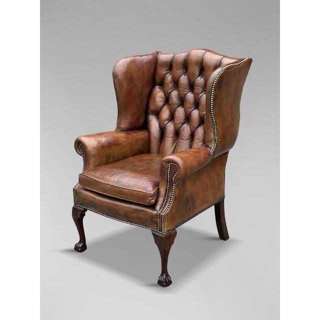 Brown Leather Button Wing Armchair, 1860s For Sale - Image 10 of 11