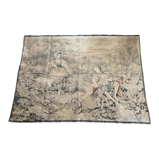 Vintage French-Style Jacquard Woven Pastoral Tapestry, 72” X 54” For Sale