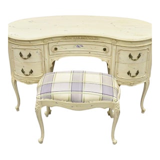 Early 20th Century Vintage John Stuart White Painted French Louis XV Kidney Shaped Vanity and Bench - Set of 2 For Sale
