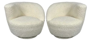 Vladimir Kagan Style, White Boucle, Nautilus Swivel Chairs, Usa, 1970s