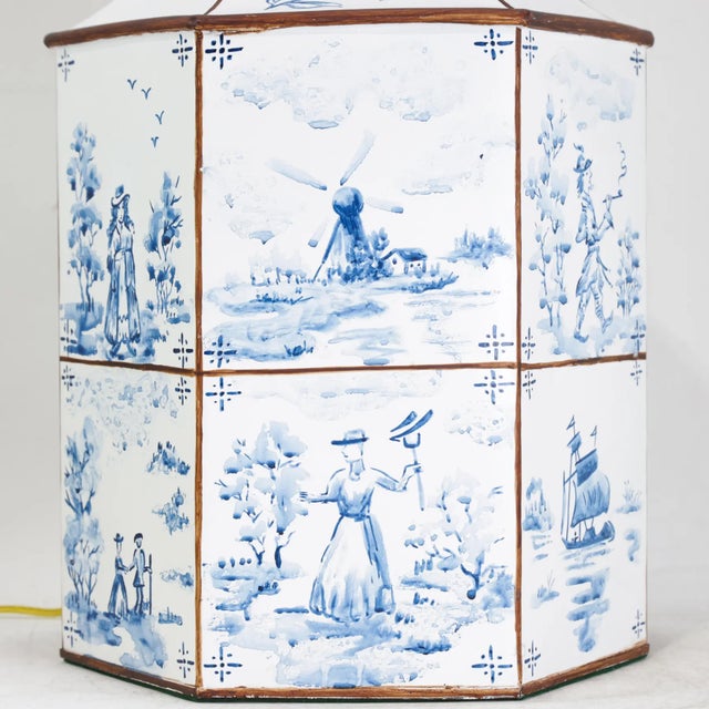 A Pair of Vintage Hand-Painted Blue and White Imitation Dutch Tile Landscape Tea Can Table Lamps For Sale In New York - Image 6 of 14