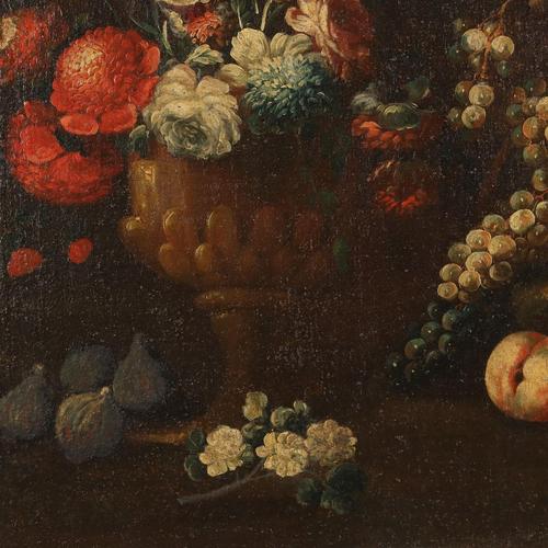 Lombard School Artist, Still Life with Flowers, Fruit and Birds, 1700s, Oil on Canvas For Sale - Image 4 of 12