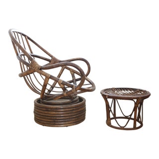 Mid-Century Swivel Rocking Rattan Bamboo Pod Chair & Ottoman For Sale