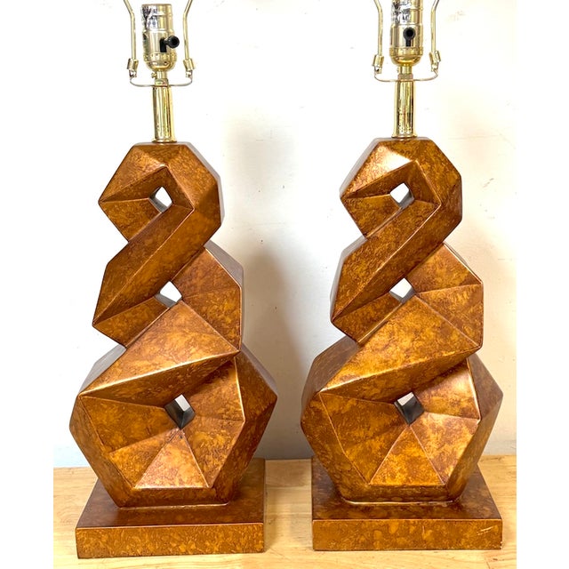 Modern Late 20th Century Christopher Guy Style Tortoiseshell Lacquer Spiral Polyhedron Lamps - a Pair For Sale - Image 3 of 11