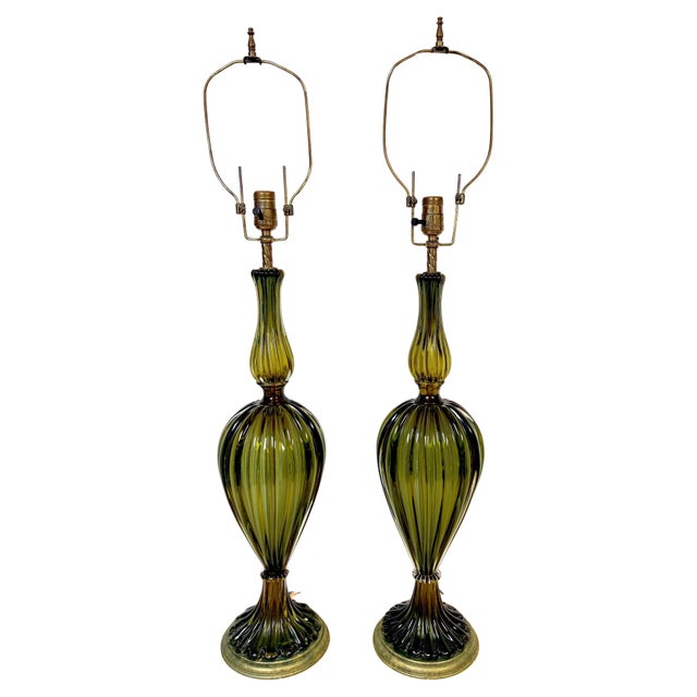 Modern Pair of Barovier & Toso Ribbed Olive Verde Murano Glass Lamps, Circa 1955-1965 For Sale - Image 3 of 18