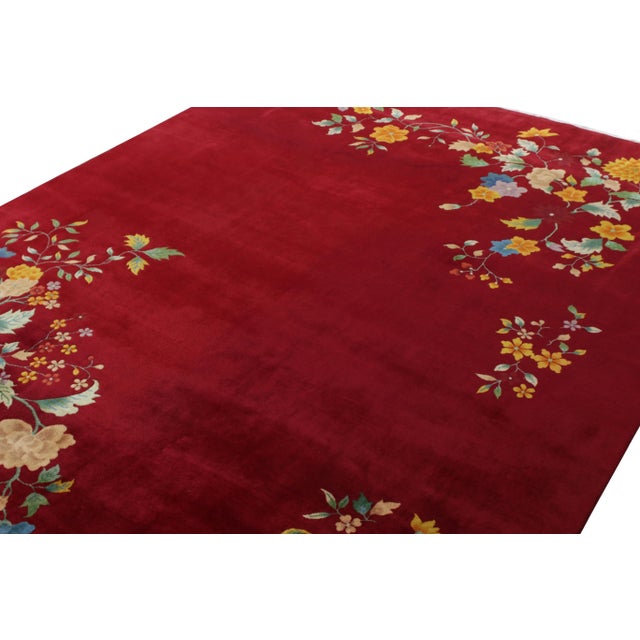 Art Deco Hand-Knotted Vintage Chinese Art Deco Rug, Red and Gold FLoral Pattern For Sale - Image 3 of 6
