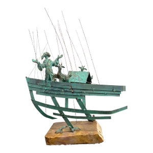 Mid 20th Century Bijan Signed Metal Art Ship With Man and Goats Sculpture