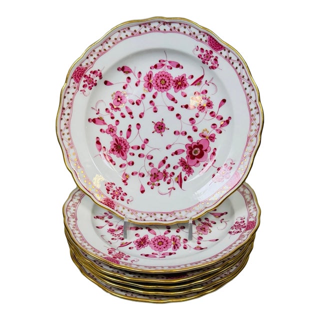 Mid 20th Century Set of 6 Meissen Indian Pink Porcelain Dessert Plates, 8-Inch, Hand-Gilded For Sale