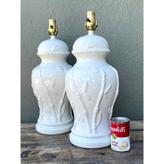 White Vintage Glazed Ceramic Bamboo Lamps - A Pair For Sale - Image 8 of 12