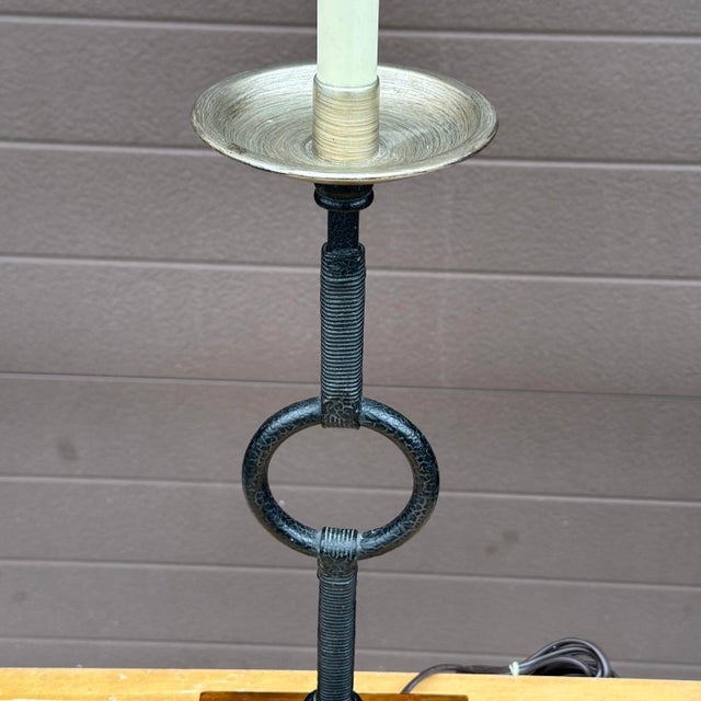 Late 20th Century Vintage Uttermost Wrought Iron Table Lamp With Rattan Shade For Sale - Image 5 of 12