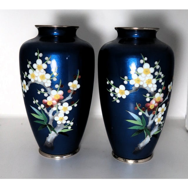Pair of Antique Japanese Cloisonné Cobalt Blue Enamel Vases with Cherry blossom and foliage motif. Just beautiful! Please...