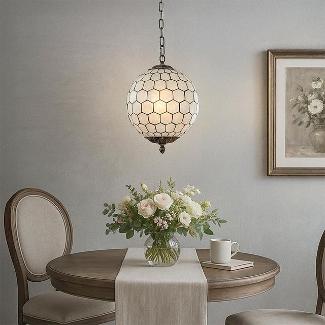 Vintage Aloadecor 1-Light 12'' Brass French Vintage Cosatal Glam Chandelier With Natural Capiz Shell Globe Lantern Hanging Light For Sale In Houston - Image 6 of 8