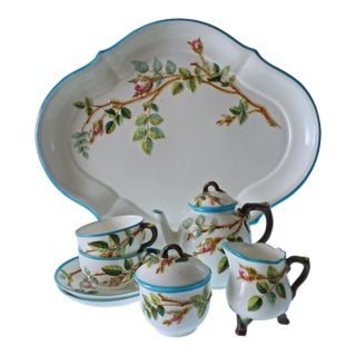 Antique Botanical 1870's Tête-À-Tête Tea Set Royal Worcester England Turquoise Rim Aesthetic Period - Set of 7 For Sale