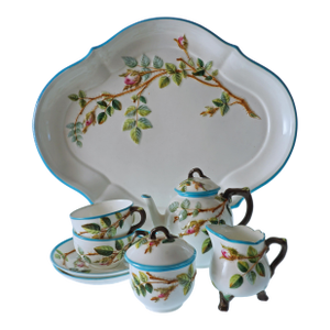 Antique Botanical 1870's Tête-À-Tête Tea Set Royal Worcester England Turquoise Rim Aesthetic Period - Set of 7