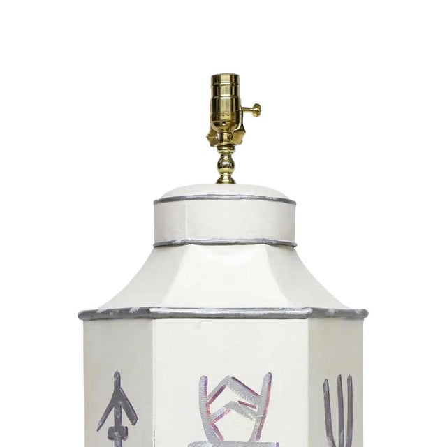 Late 20th Century Hand-Painted Hexagonal Iron Tea Canister Table Lamp With Silver Calligraphic Design For Sale - Image 4 of 7
