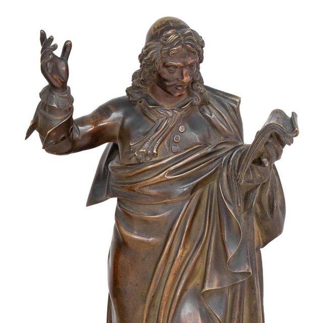 French "Moliere" and "Cornielle" Patinated Bronzes - Set of 2 For Sale In New York - Image 6 of 7