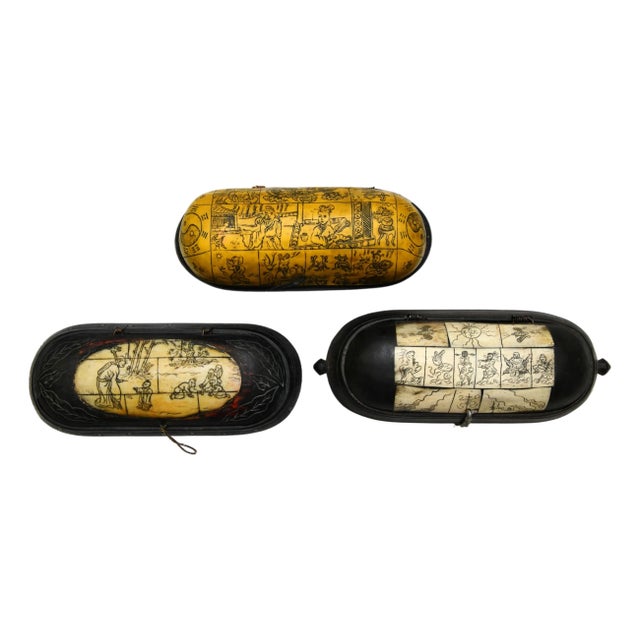 Collection of 19th Century Decorative Chinese Hand Carved Spectacle Cases - Set of 3 For Sale