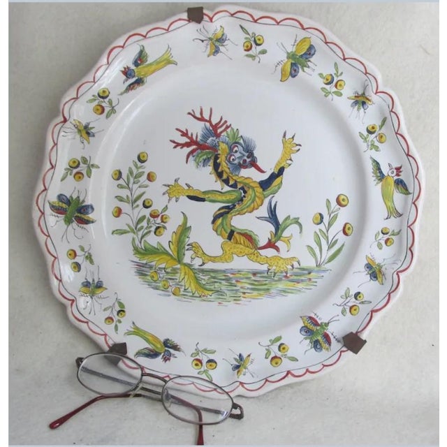 Shabby Chic Antique French Desvres, Majolica, Faience Dragon Plate, Hand Painted For Sale - Image 3 of 8