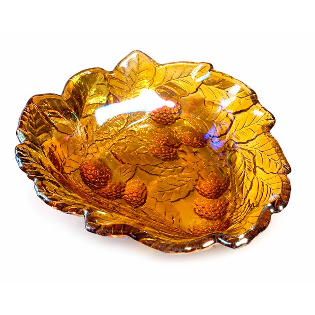 Amber Vintage Iridescent Amber Carnival Glass Grape & Leaf Ruffled Bowl 7.75" Floral For Sale - Image 8 of 10