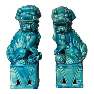 Vintage Blue Ceramic Foo Dog Statues or Bookends - a Pair For Sale