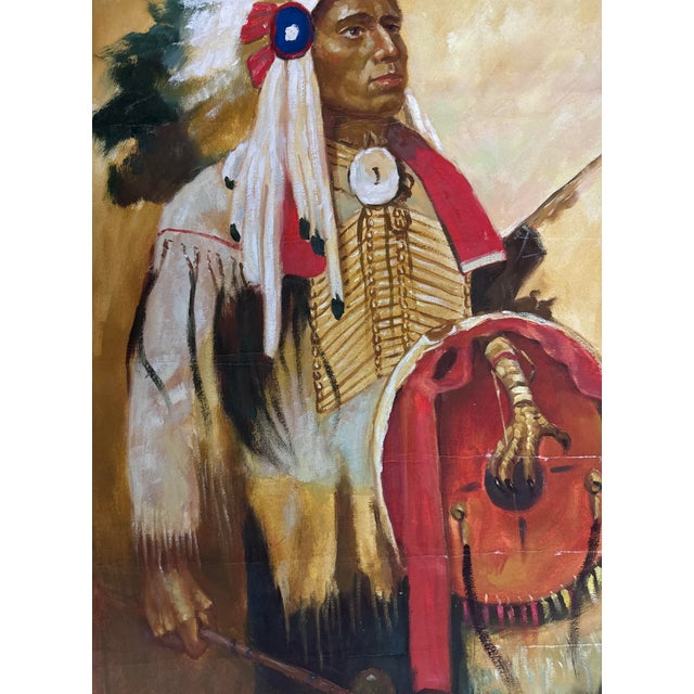 Textile Large Vintage Original Apache Native Indian Chief Oil Painting Portrait / Canvas For Sale - Image 7 of 12