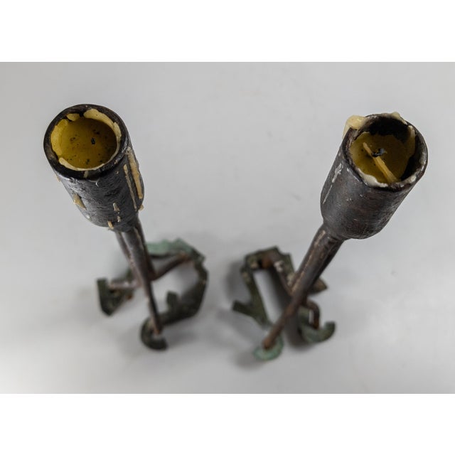 Metal Mid-Century Pair of Brutalist Wrought Iron Blacksmith Cattle Brand Candlesticks For Sale - Image 7 of 9