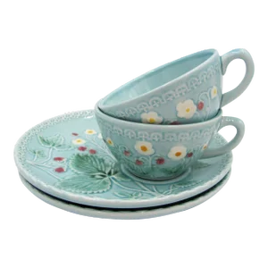 Mid Century Georg Schmider Zell Am Harmersbach Germany Majolica Strawberry Turquoise Snack Plates & Cups 4 Pieces - a Pair