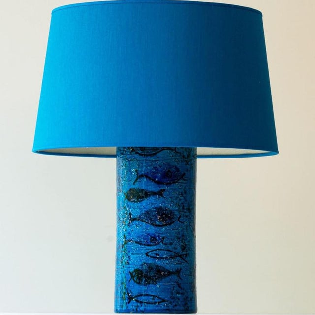 Aqua Ceramic Table Lamp from Bitossi with Blue Silk Lampshade attributed to R. Houben, 1970s For Sale - Image 6 of 9