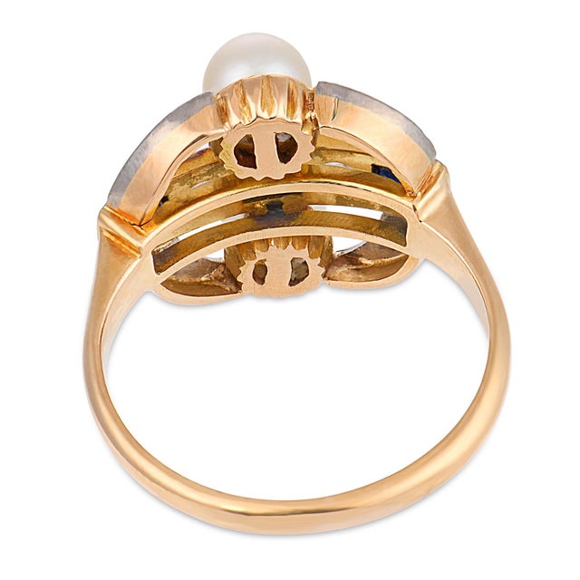 1910s Edwardian Pearl Diamond Sapphire Two Tone Dinner Ring, Size 6 For Sale In Los Angeles - Image 6 of 7