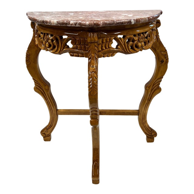 Carved Marble Top Demi-Lune Console Table For Sale