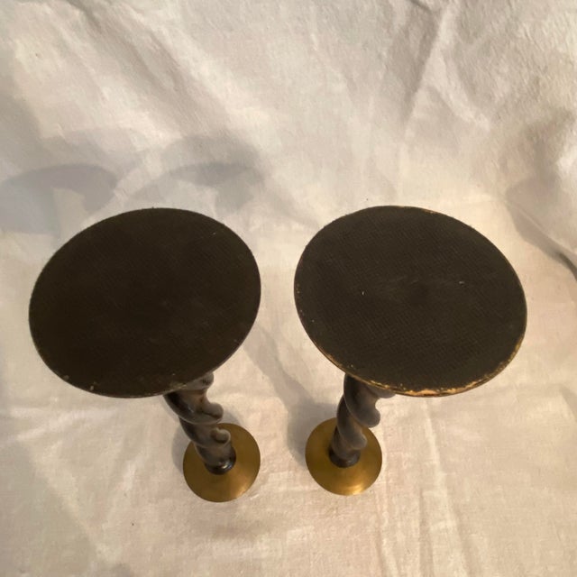 1960s English Barley Twists Wood & Brass Holder Candle Sticks-Set of 2 For Sale - Image 5 of 11
