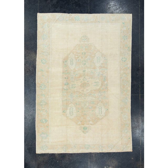 Cream & Green Turkish Vintage Rug 5'7" x 8'2" For Sale - Image 9 of 9