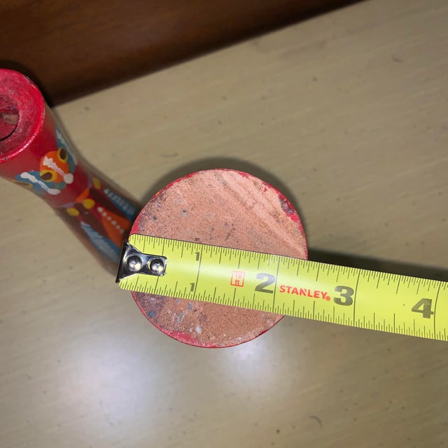 20th Century Folk Art Red and Multicolored Design Wooden Candlestick Holders- a Pair For Sale - Image 9 of 12