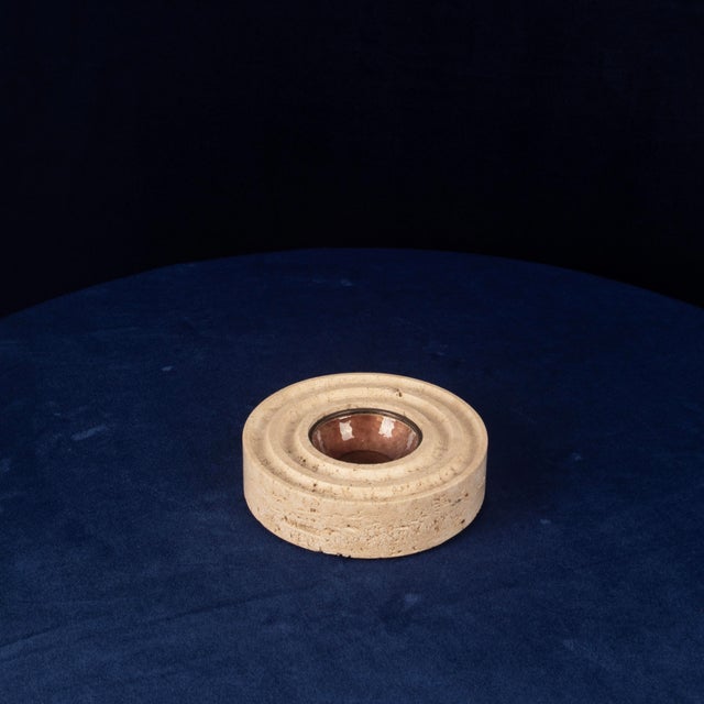 Italian Round Travertine and Copper-Toned Metal Ashtray, 1970 For Sale - Image 4 of 18