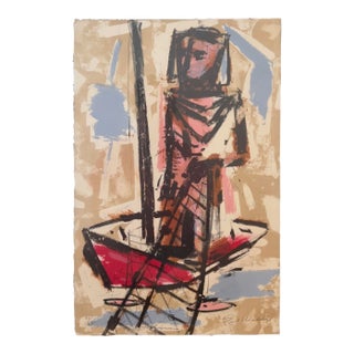 1950s Framed Lithograph "Fisherman" by Emil Weddige, Signed and Numbered For Sale