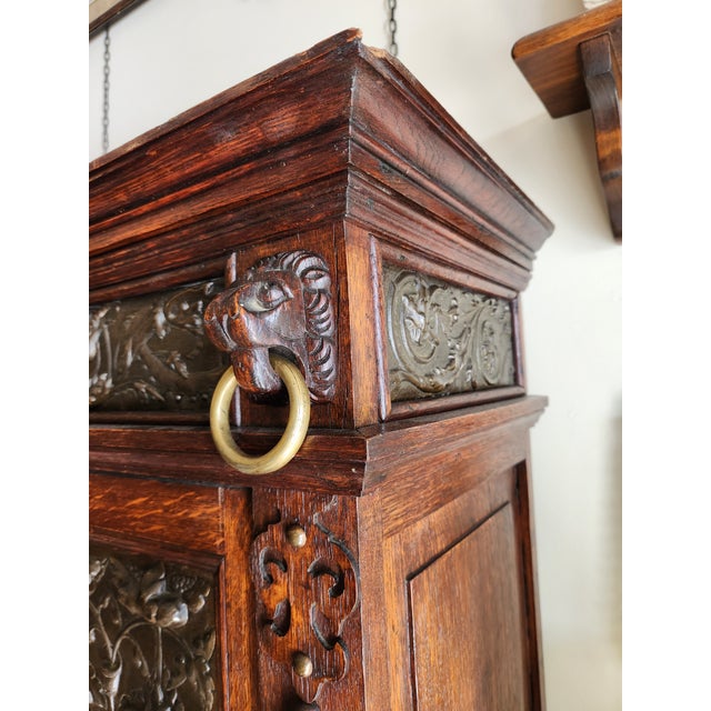 Late 19th Century Jacobean Revival Carved Breakfront Hutch With Brass Panels For Sale - Image 4 of 7