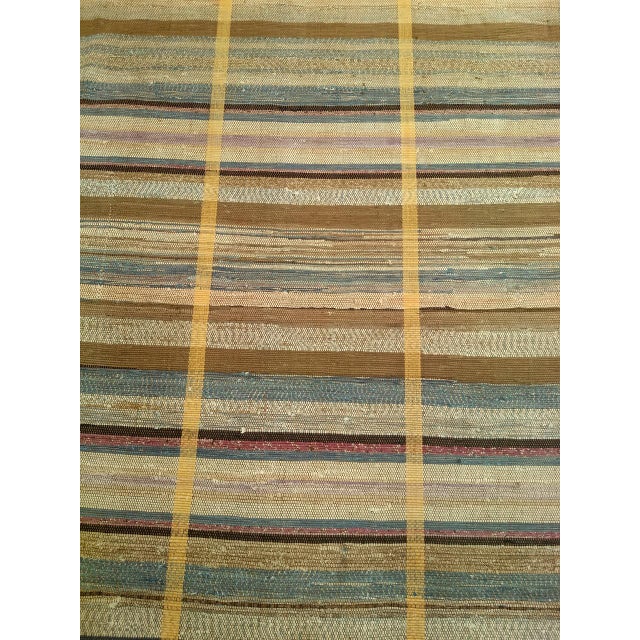 19th Century American Amish Rag Rug, Handwoven Folk Art, Stripe Pattern, Tan & Pale Blue, 10’ X 14’ For Sale - Image 9 of 12