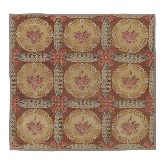 Rug & Kilim Antique 19th Century Aubusson Square Rug With Bold Floral Medallion - Rug & Kilim For Sale - Image 4 of 11