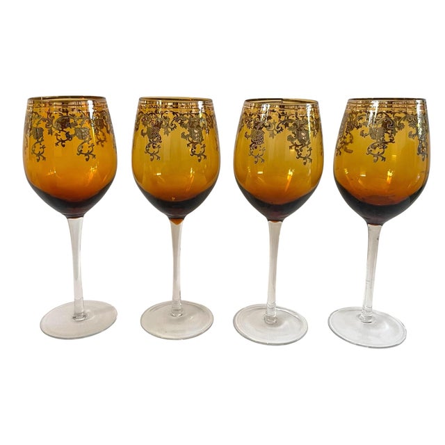 1960s Vintage Amber & Gold Gilt Bohemian Decanter & 4 Wine Glasses. MCM For Sale - Image 5 of 11