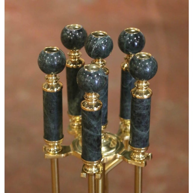 French Mid-Century French Brass and Green Marble Five-Piece Fireplace Tool Set For Sale - Image 3 of 9
